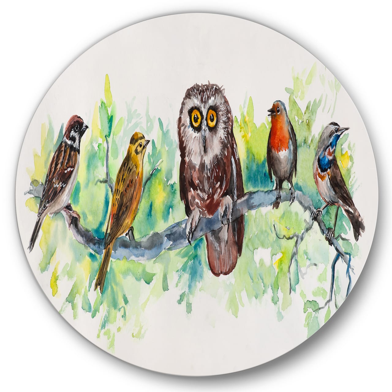 Designart - Owl On A Branch With Bird Friends - Traditional Metal Circle Wall Art